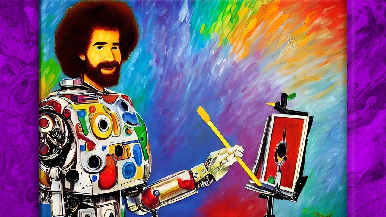 Using AI art tools to create a painting of Bob Ross with a paintbrush.