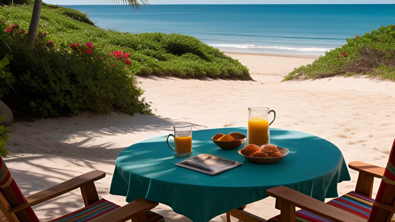 AI image of a beach scene overlooking calm waters, with food, juice, and reading material on a covered table.