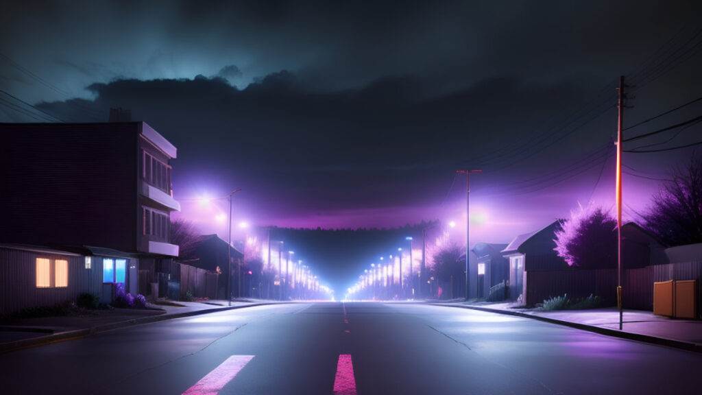An empty street at night illuminated by vibrant purple lights.