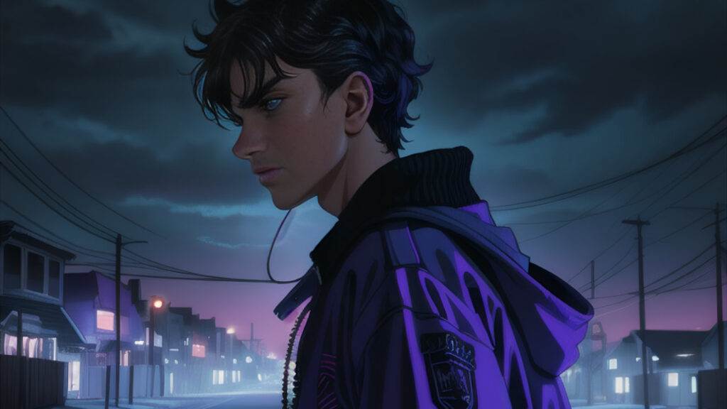 A young man in a purple jacket living in an 1980s musical reality on a street at night.