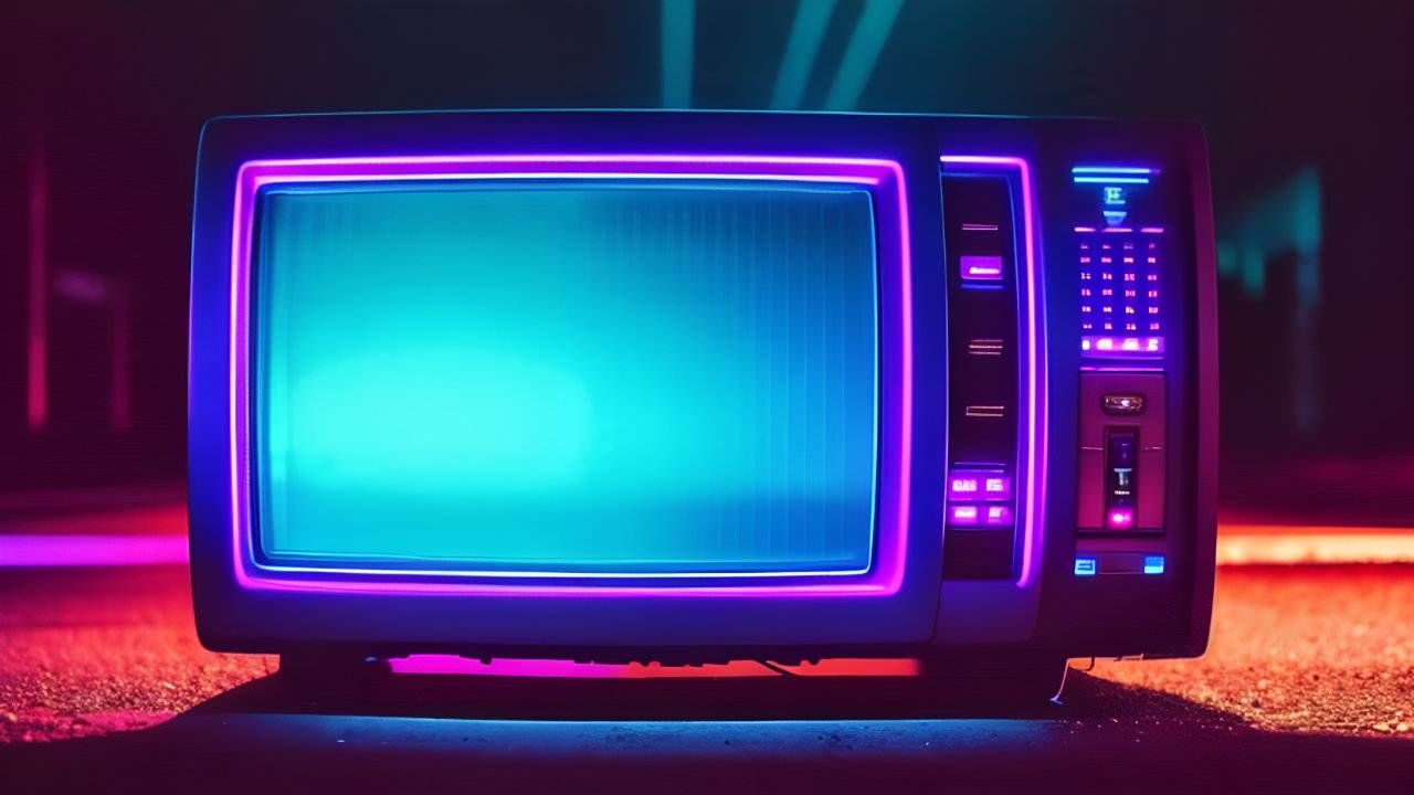 An old television with neon lights on it, reminiscent of Stranger Things.