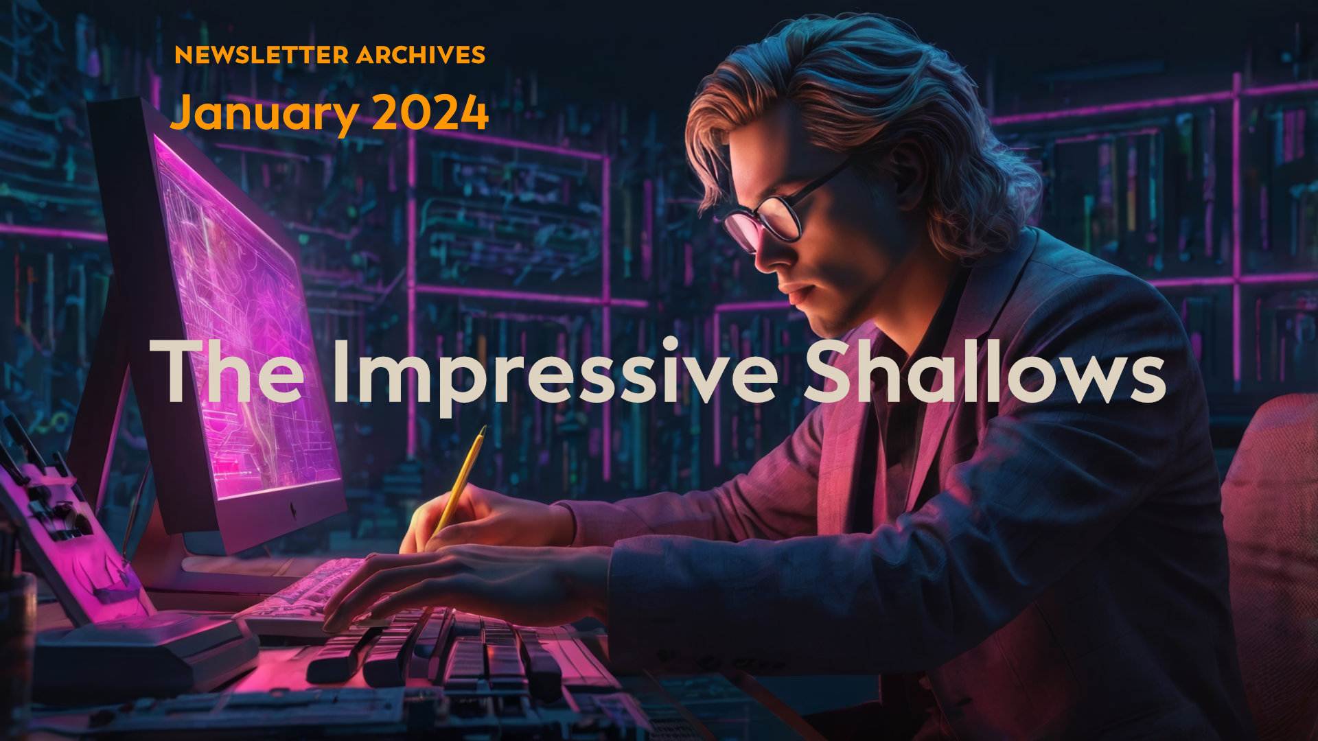 A person in glasses works on a computer in a dimly lit room with neon lights. Text reads, "The Impressive Shallows: Newsletter Archives January 2024.