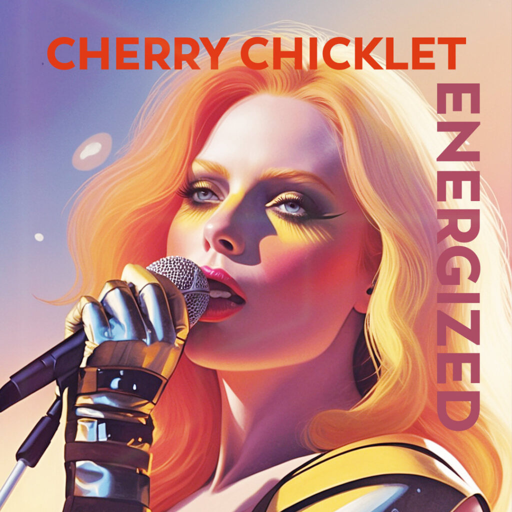 A woman with colorful makeup holds a microphone, embodying the vibrant energy of "Cherry Chicklet Energized," resembling the dynamic spirit behind converting articles into podcasts.