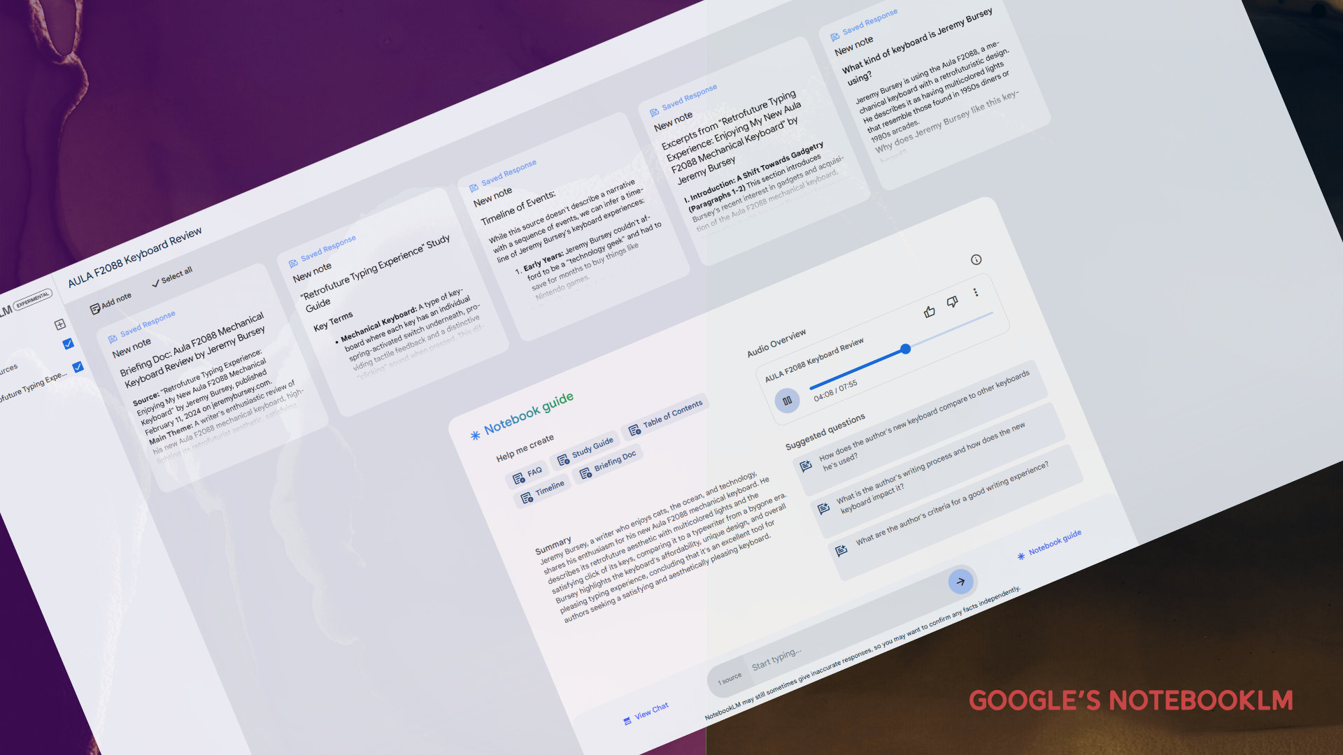 A computer screen displays Google's NotebookLM, featuring a document editor with multiple text boxes and tools for adjusting settings. The background is a gradient of purple and white, evoking creativity and focus.