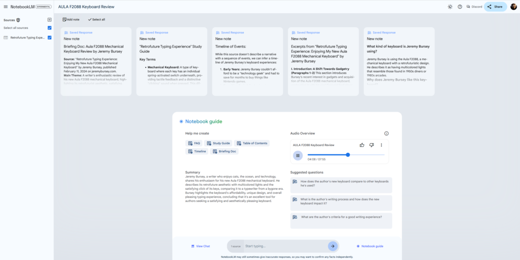 Screenshot of a digital interface showcasing sources for a keyboard review. The interface includes summarized content and audio options, blending features from Google's NotebookLM to convert articles, books, and guides into engaging podcasts.