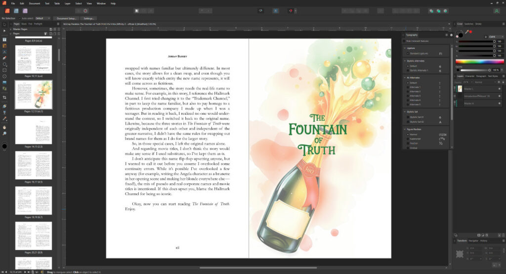 Open book with text on the left page and a colorful illustration of a champagne bottle on the right. The title "The Fountain of Truth" appears over the bottle, reminiscent of McCray Parables, recently released to captivate readers' imaginations.