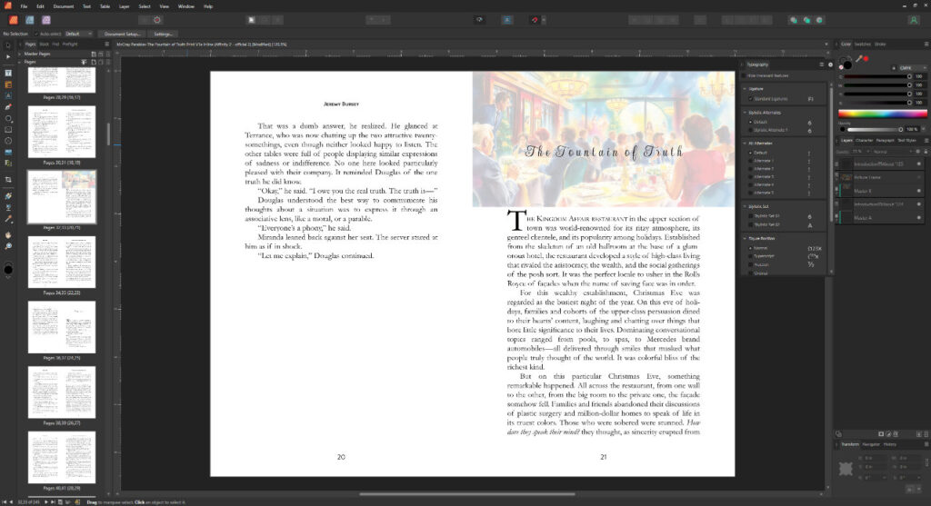 Image of a digital book layout in editing software, featuring two pages of text with a colorful illustration on the right. The content from the freshly released "McCray Parables" is displayed as various editing toolbars and panels are visible.