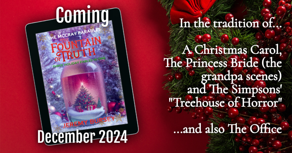 A tablet showcases the book "Fountain of Truth" against a festive red background adorned with holiday decorations. Tease your imagination with echoes of popular shows, as the next captivating installment in the McCray Parables is set to be released in December 2024.