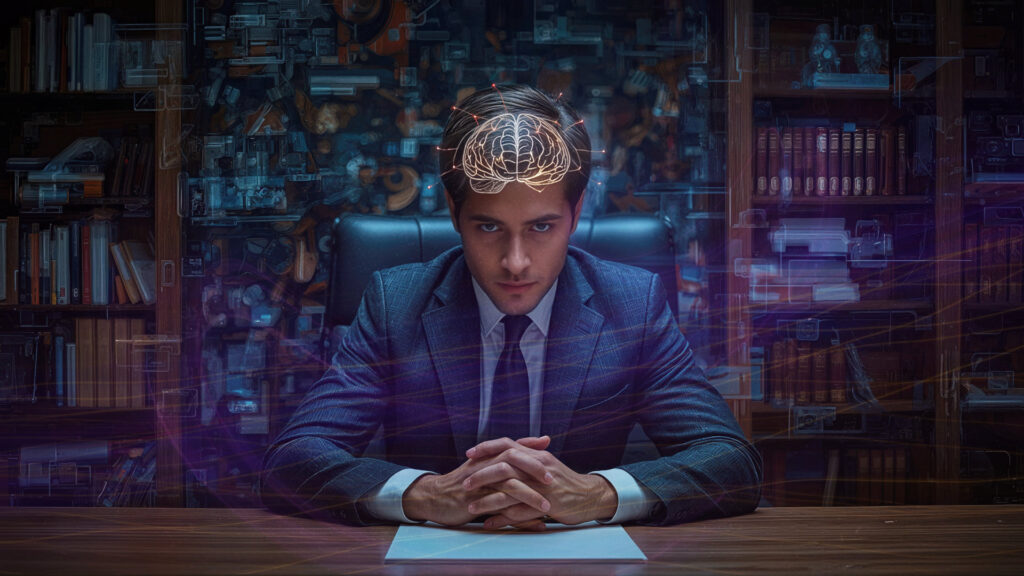 A man in a suit sits at a desk with fingers interlocked, a glowing brain illustration above his head, and bookshelves in the background—symbolizing the power of Easy Writing.