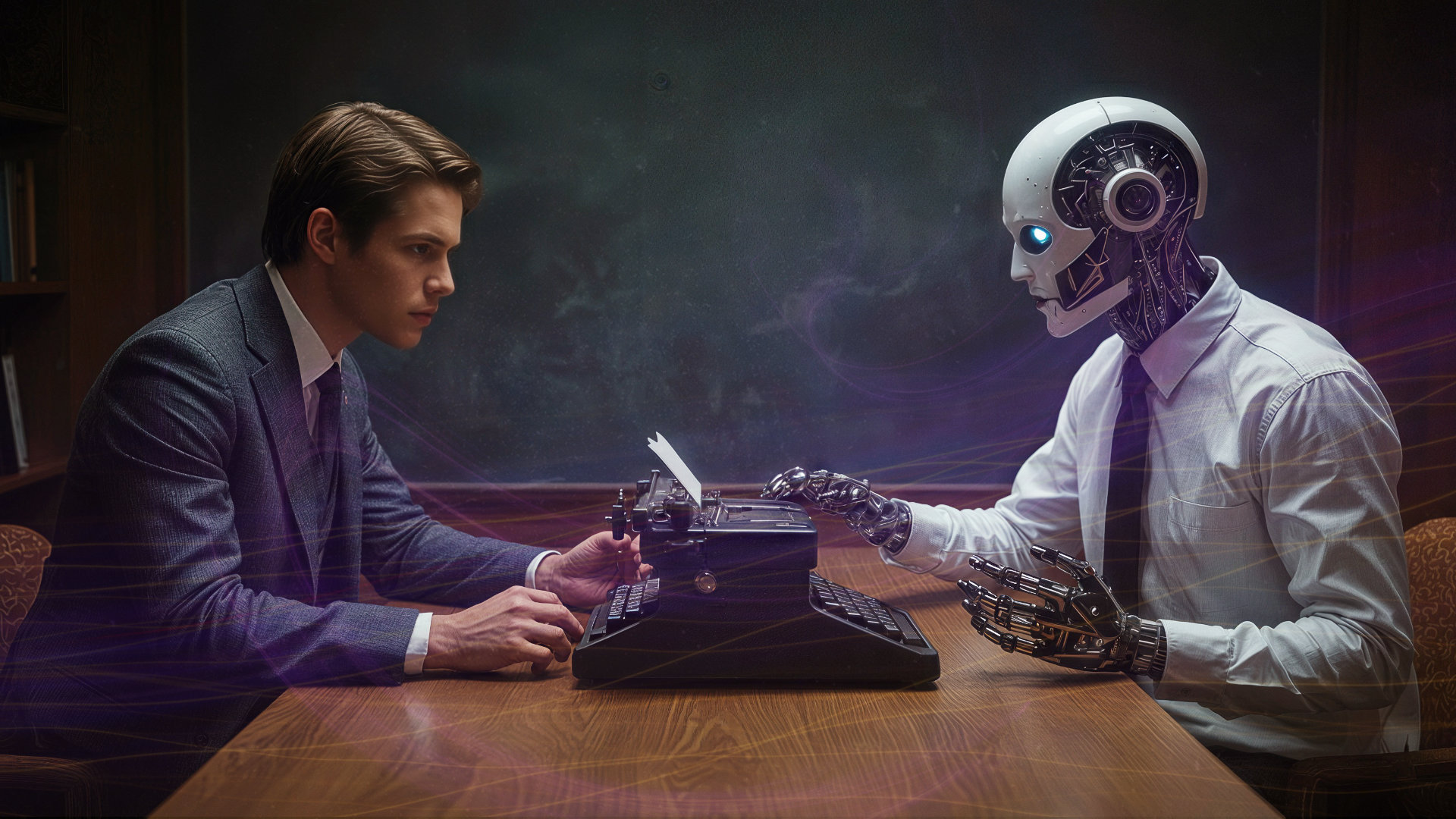 A man in a suit and a humanoid robot sit across from each other at a desk, the robot tackling Hard Writing as it types diligently on a typewriter.