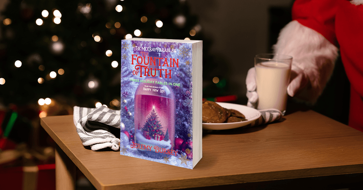 A book titled "The Fountain of Truth" from the McCray Parables series sits on a table next to milk, cookies, and a person in a Santa Claus costume, with a Christmas tree glowing softly in the background.