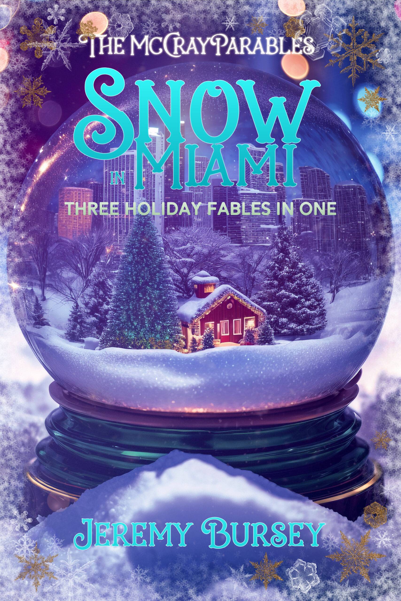 A snow globe displays a snowy winter scene with a cabin, Christmas tree, and city skyline. Text reads A snow globe displays a snowy winter scene with a cabin, Christmas tree, and city skyline. Text reads