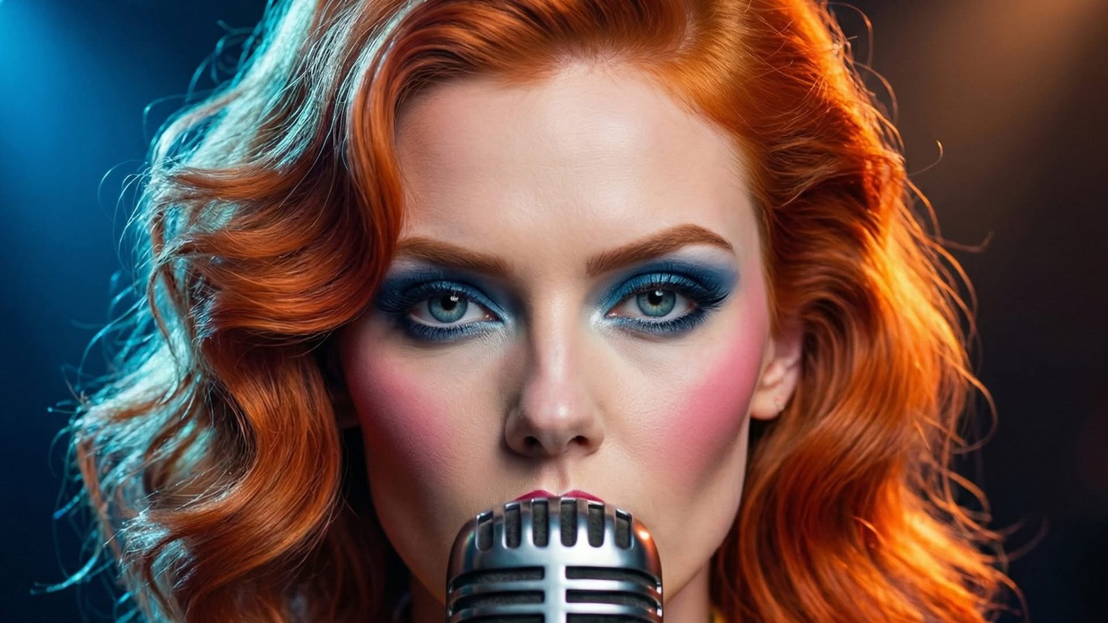 A woman with wavy red hair and bold blue eye makeup holds a vintage microphone, looking directly at the camera against a dark background.